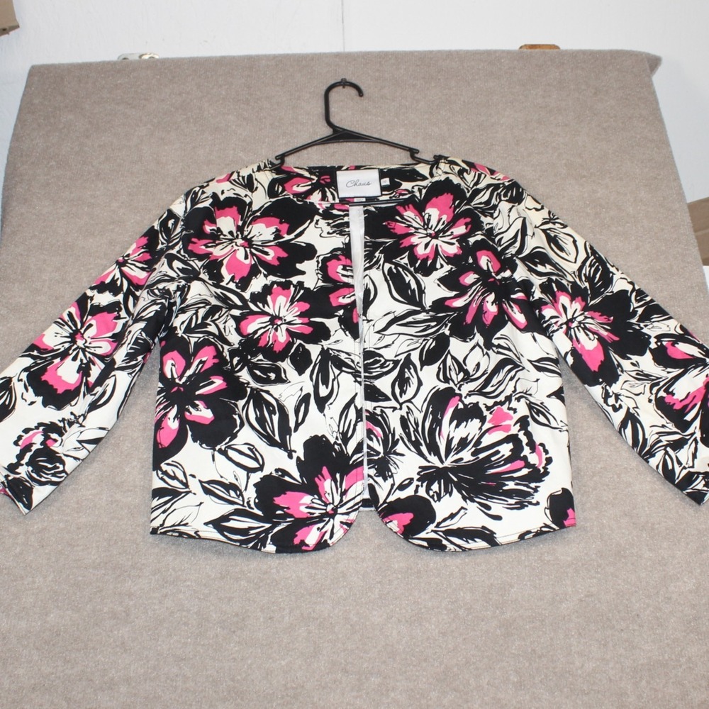 Chaus Womens Floral Open Front Blazer Pink Black White Size 10 Collarless Jacket